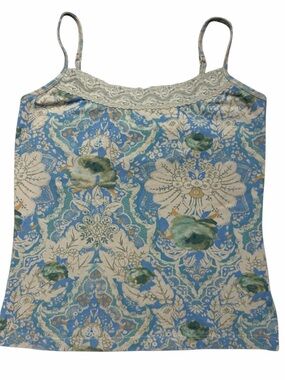 Vintage Y2K Blue Floral Lace Strappy Tank Top Size M Boho Hippie Paisley